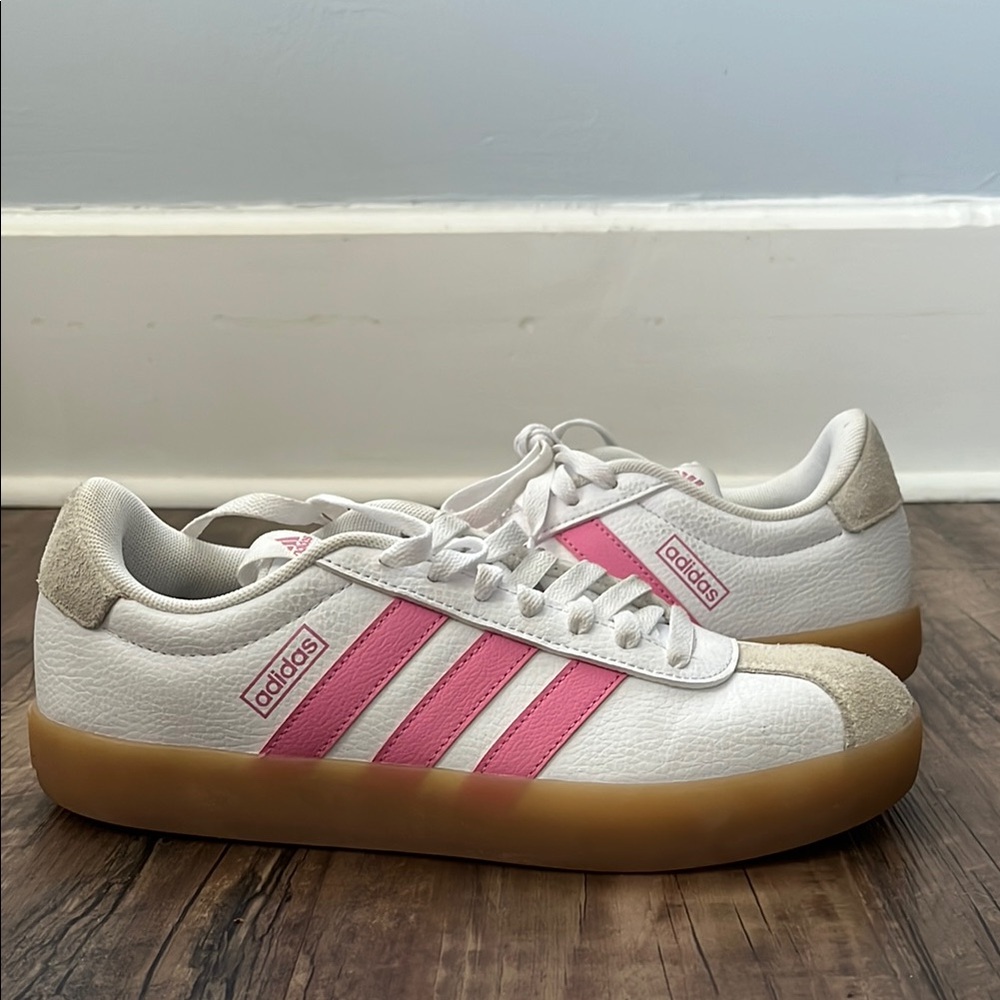 Adidas White Sneakers with Pink Stripes